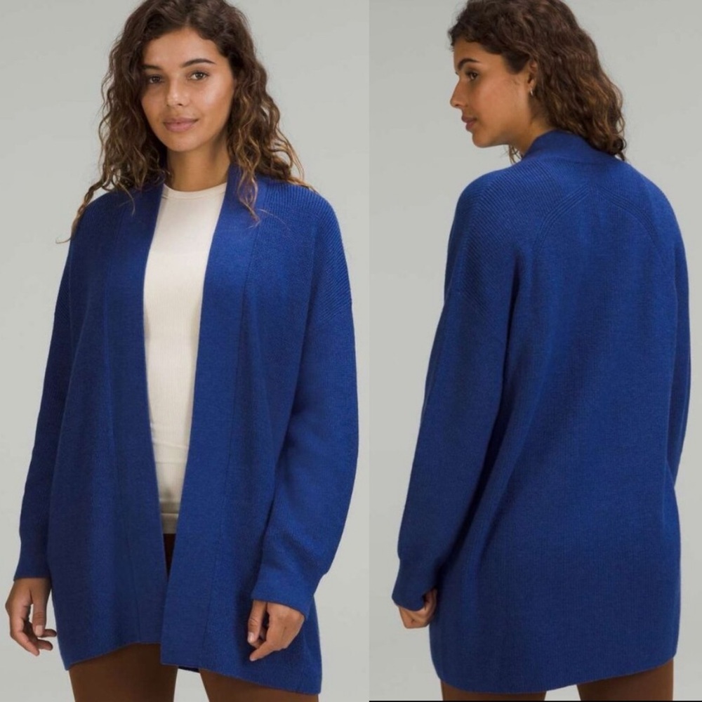 Lululemon Merino Wool-Blend Ribbed Long Wrap Sweater Heathered Psychic Blue Sz 6